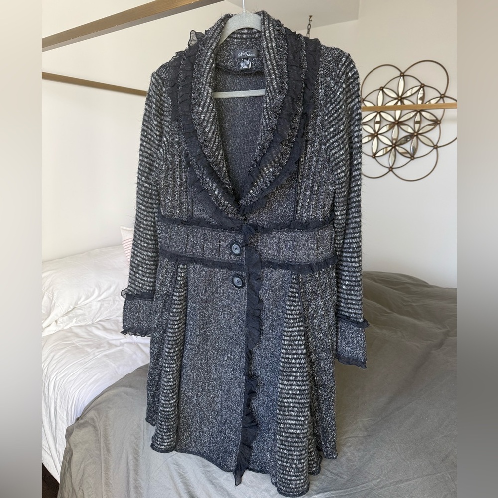 Nicole Sabbattini Grey Black Trench Coat XL Ruffle Whimsygoth Y2K Sweater Dress